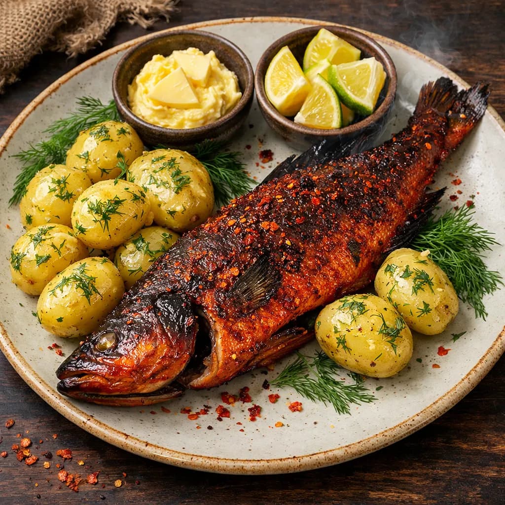 Chilirökt havsabborre med potatis, dill och smör